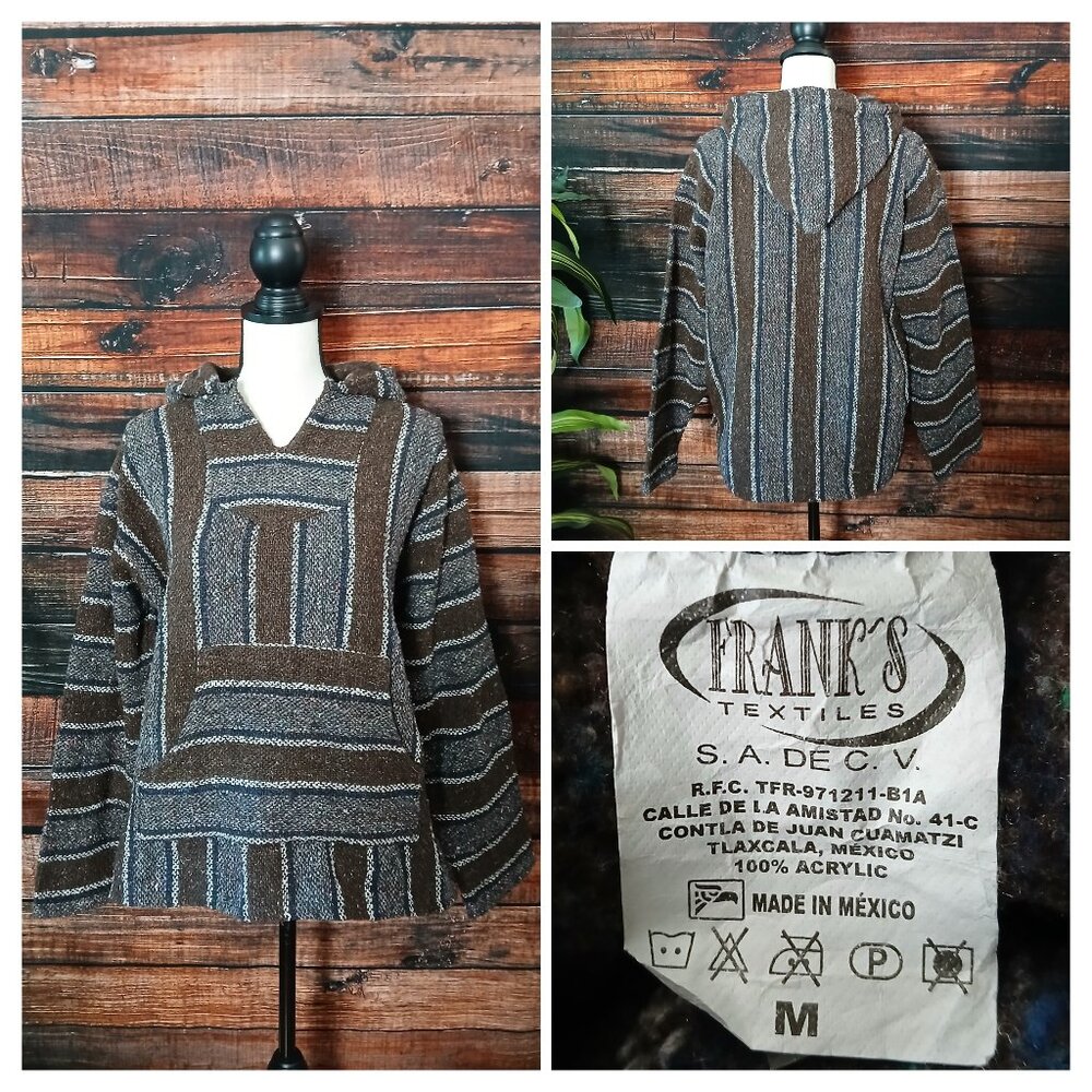 Vintage Mexican Blanket Hoodie Baja Poncho Hippie Boho 90s Medium
